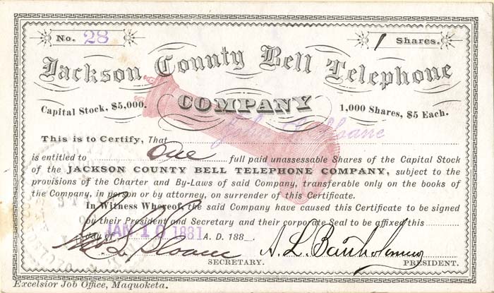 Jackson County Bell Telephone Co. - 1881 dated Iowa Telephone Stock Certificate